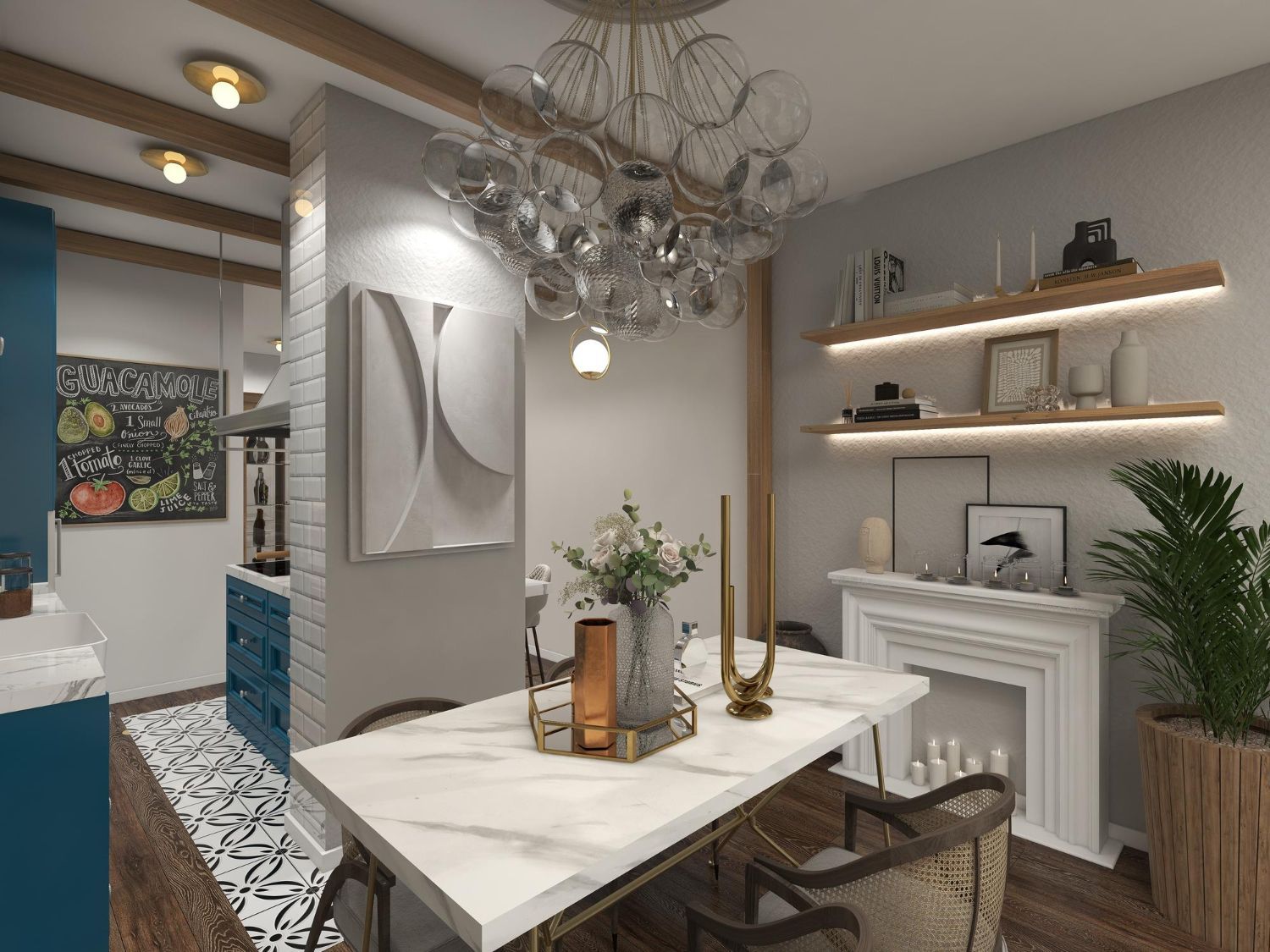 Dining room with marble table, floral centerpiece, chandelier, fireplace, shelves, and plant.