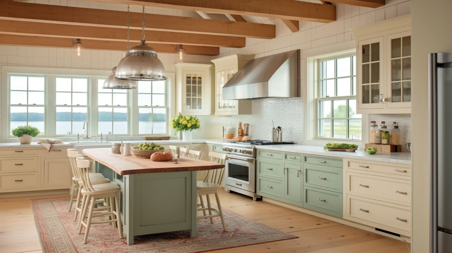 Kitchen with pale green and cream cabinets, wooden island, stainless steel range and hood, and large windows.