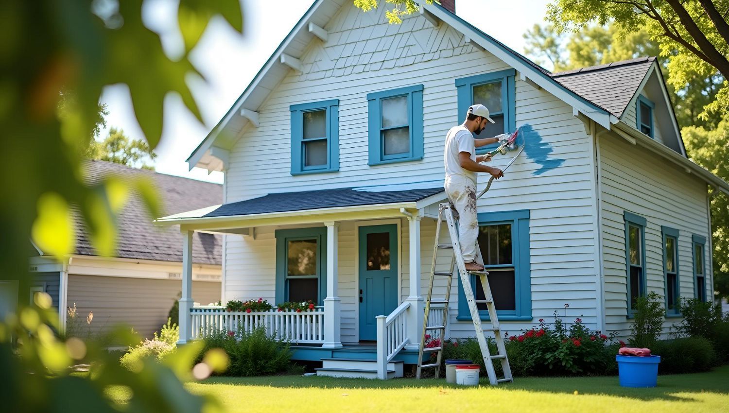 Man painting blue trim on a white house, standing on a ladder. Green lawn and shrubs.