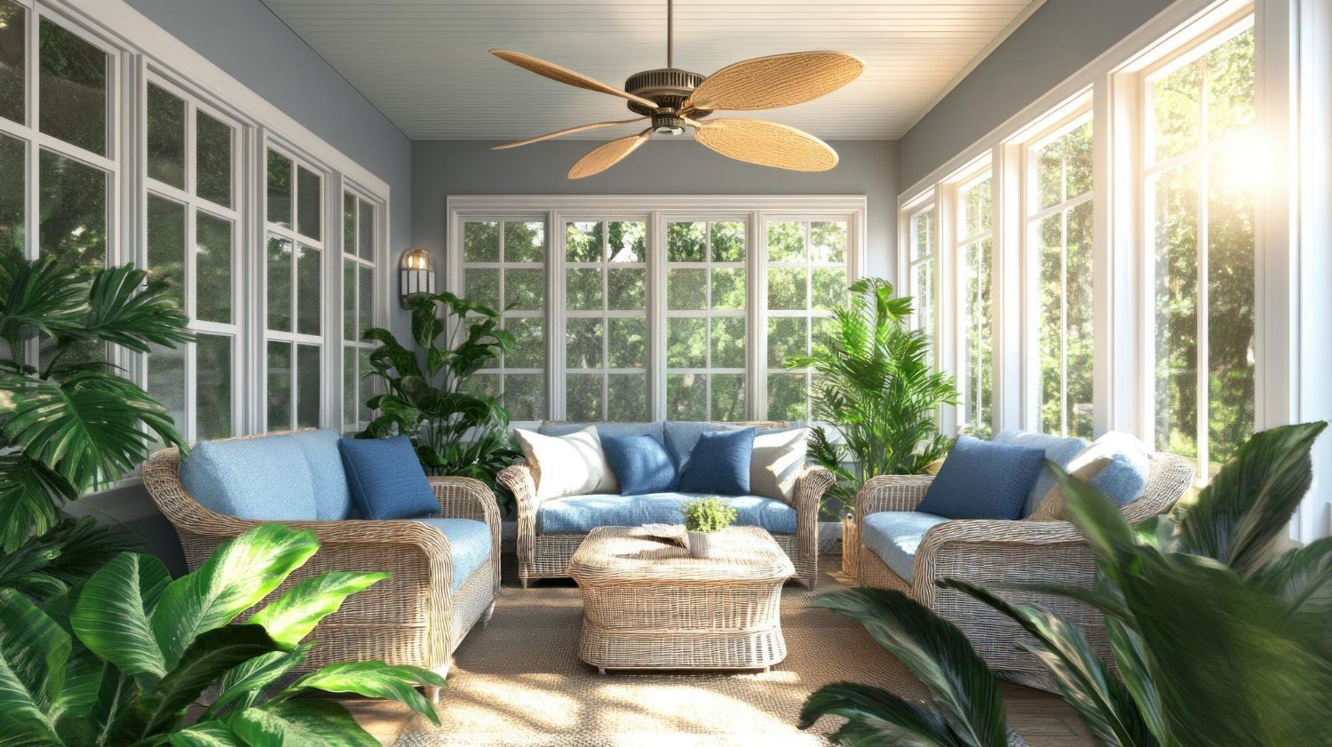 A sunroom with wicker furniture, blue cushions, a central ottoman, and indoor plants under a tropical-style ceiling fan.