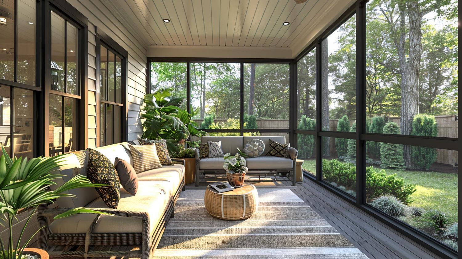 Screened-in porch with seating, rugs, and plants; large windows provide views of the yard.