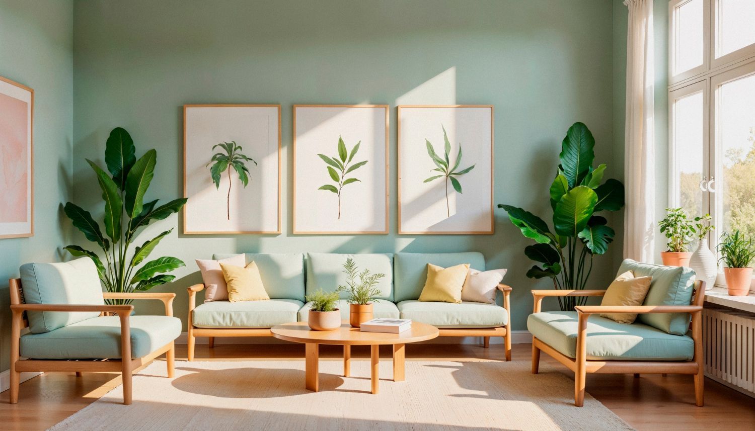 Living room with mint green walls, wood furniture, and plant decor.