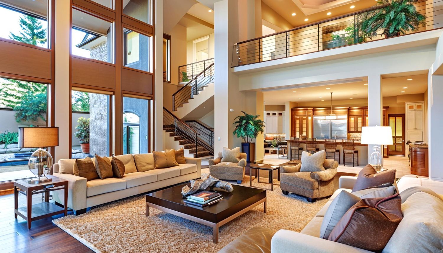 A spacious, bright open-concept living room with a large sofa, armchairs, wood floors, and a sweeping staircase.
