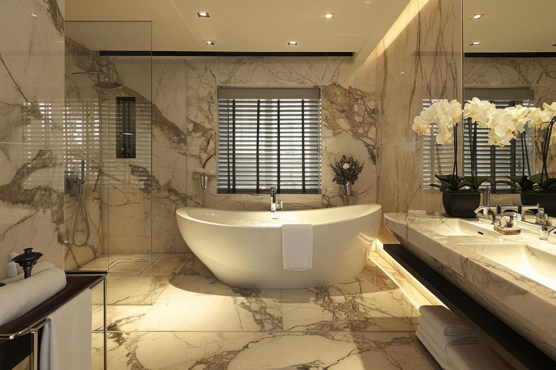 A luxury bathroom featuring a white freestanding bathtub centered against marbled walls and a window with blinds.