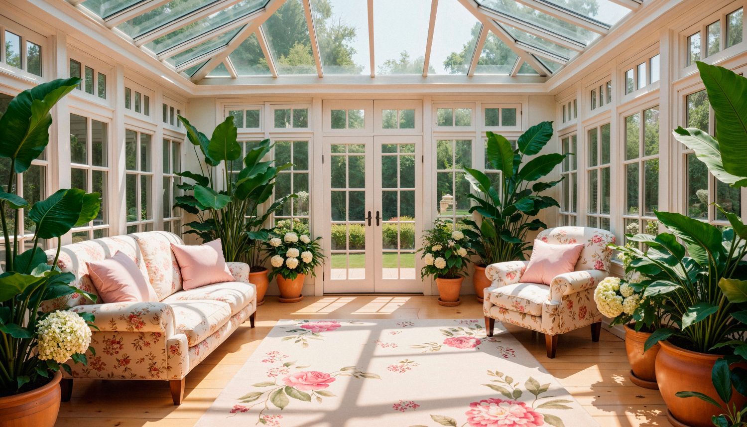 Sunroom with floral sofas, potted plants, and glass roof.