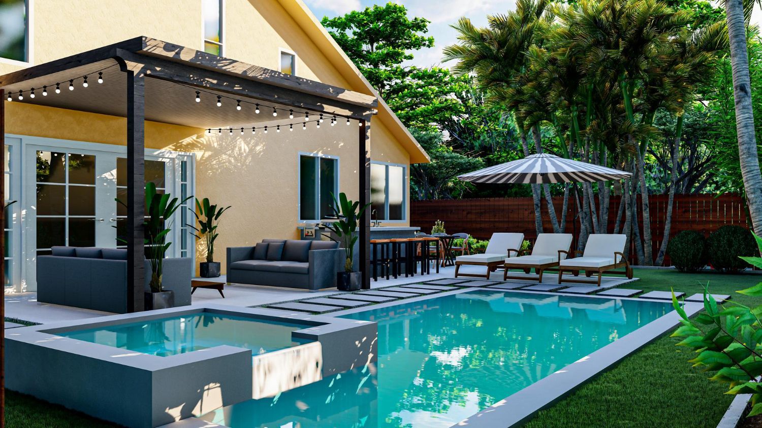 Backyard with pool, patio, seating, and lush landscaping. Light blue water, beige house, and green grass.