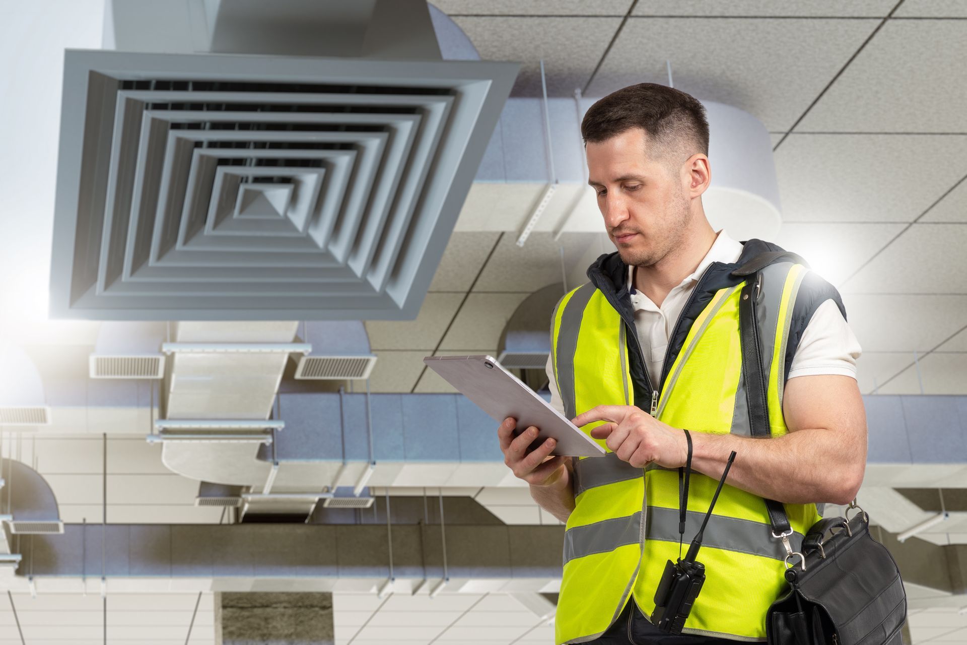 A professional in a high-visibility vest reviews data on a tablet inside a building with exposed ceiling ventilation.