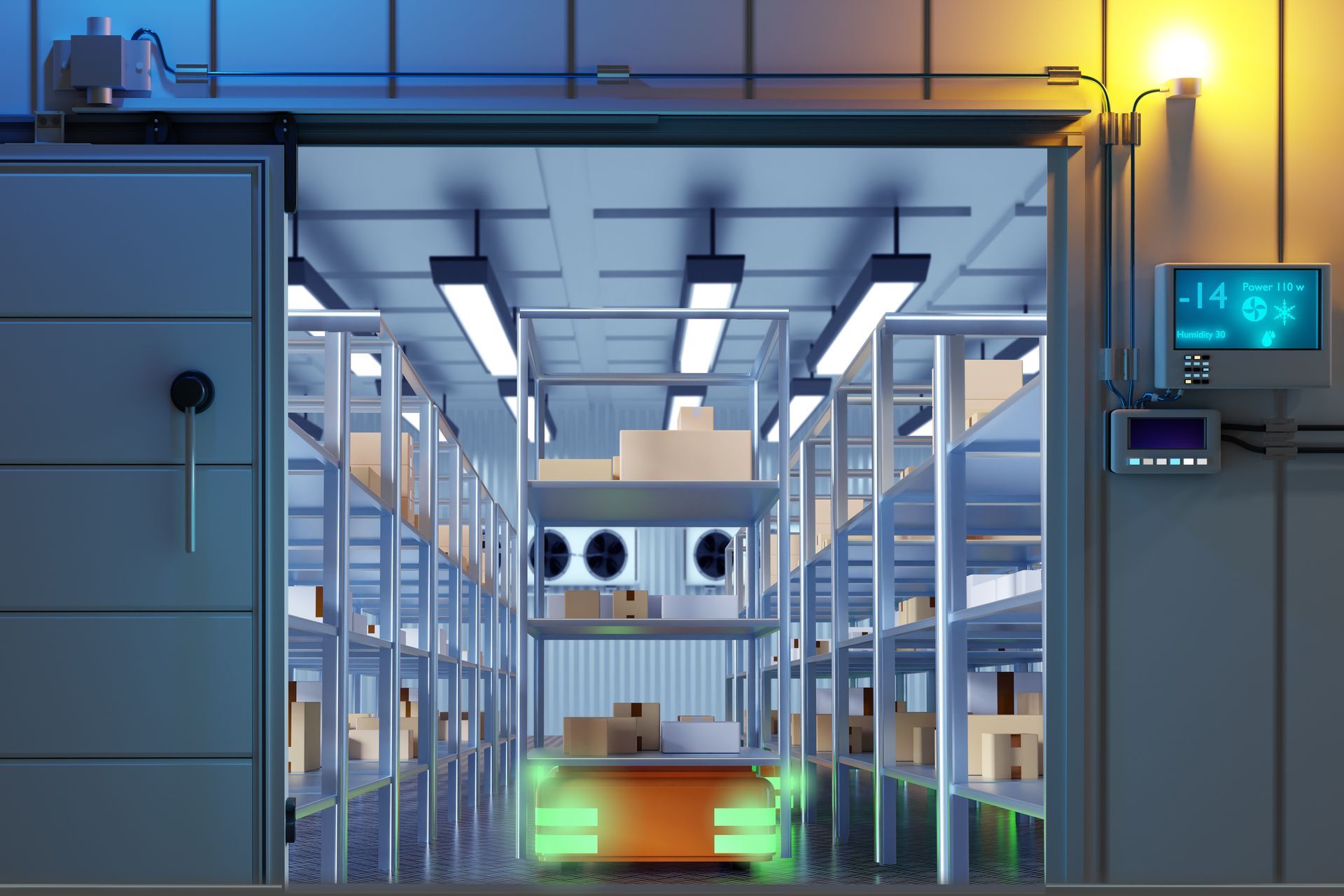 Two workers in dark uniforms and tool belts repair the back of a large refrigerator in a modern kitchen. Two workers in dark uniforms and tool belts repair the back of a large refrigerator in a modern kitchen.