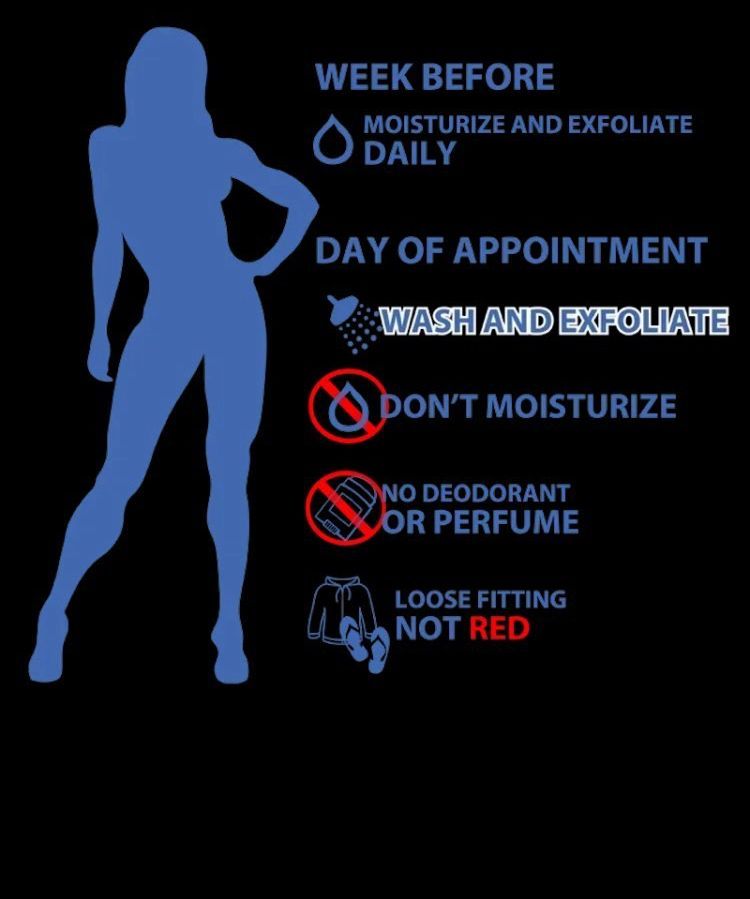 Silhouette with instructions: moisturize & exfoliate; no moisturizer, deodorant, or perfume; wear loose, non-red clothing.