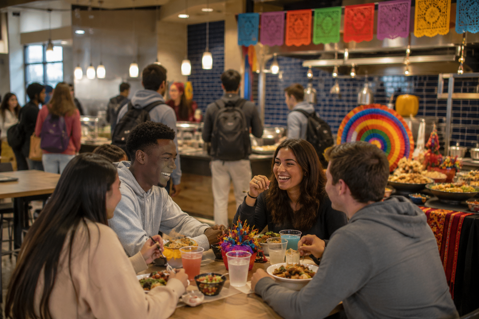 Friends sharing a meal at a decorated indoor market with colorful papel picado banners and ethnic displays.