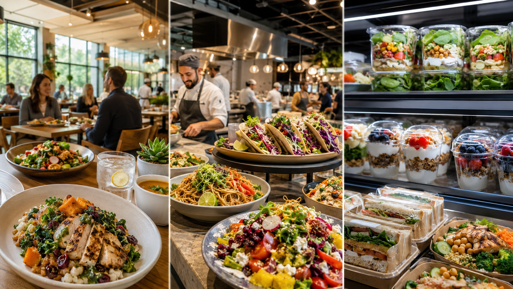 Buffet-style salad bar with fresh bowls and jars in a bright, modern cafe