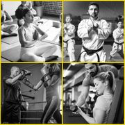 Yoga, karate, boxing, and weightlifting activities. People in various workout settings.