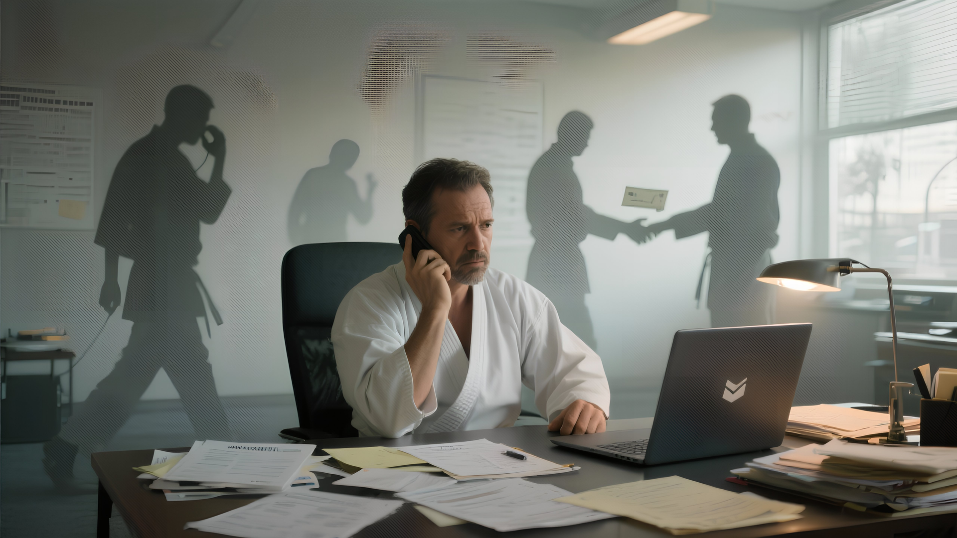 Man in a karate gi talking on the phone in an office, shadowed figures in the background.