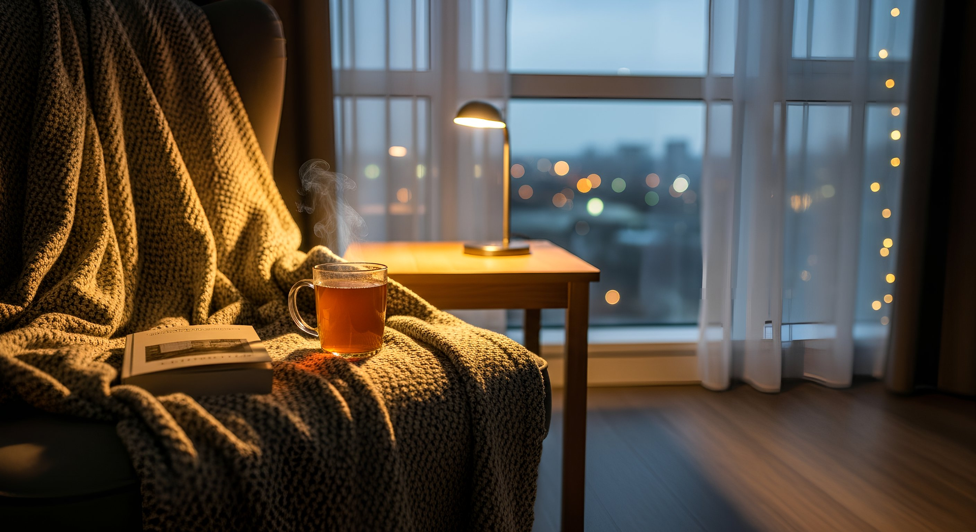 Cozy scene with blanket-draped chair, tea, book, and small lamp on a side table by a window with city lights.