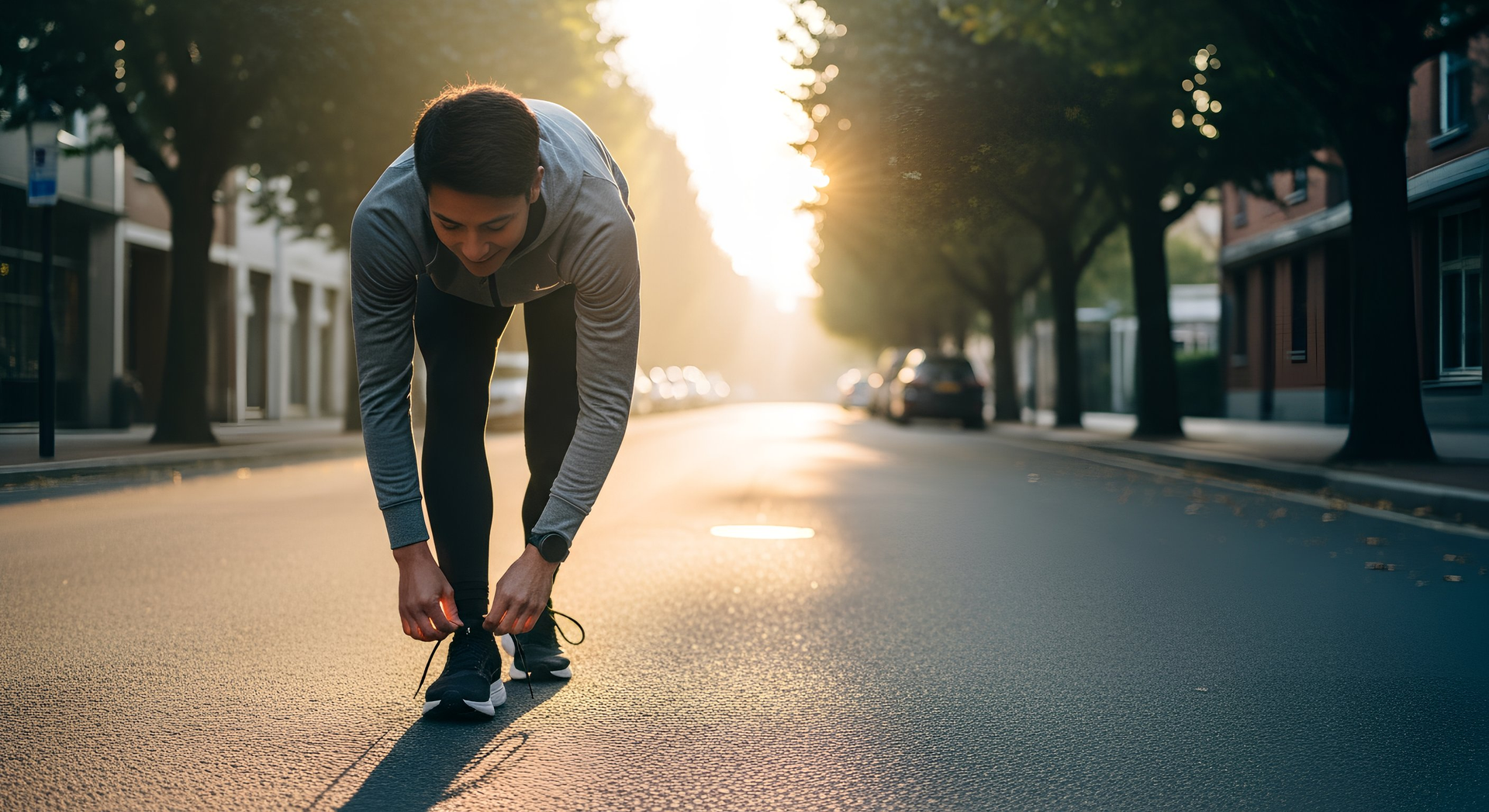 Man tying shoelaces on a street with trees and sunlight.