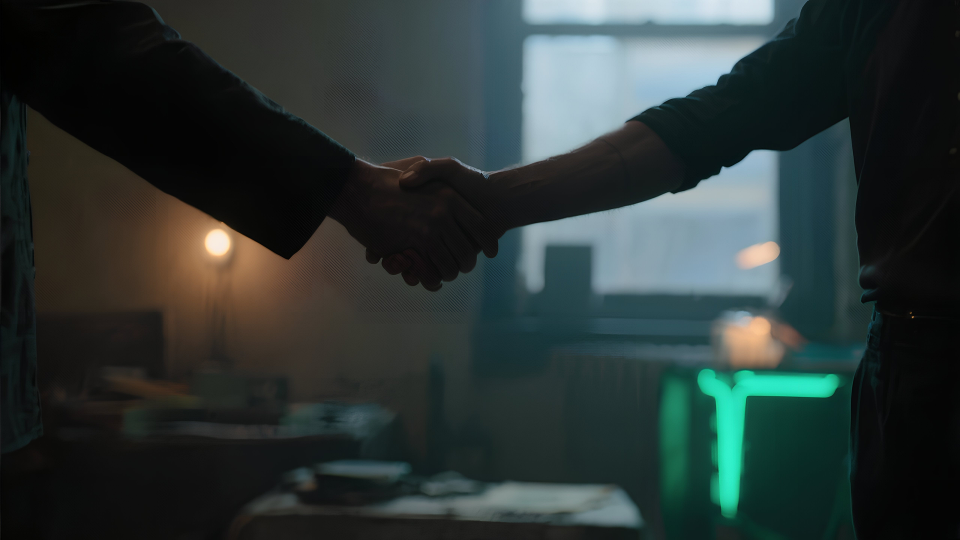 Two people shake hands inside a dimly lit room, illuminated by a single lamp and a neon green object.