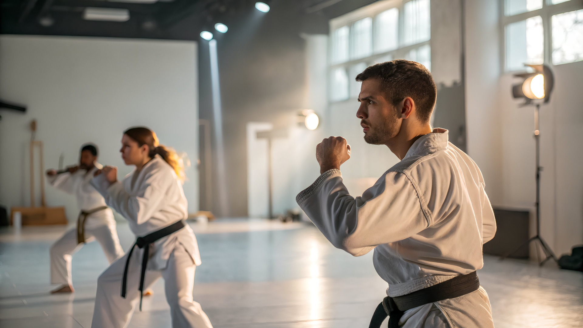 People in white karate uniforms practicing in a studio, one in focus with a clenched fist.