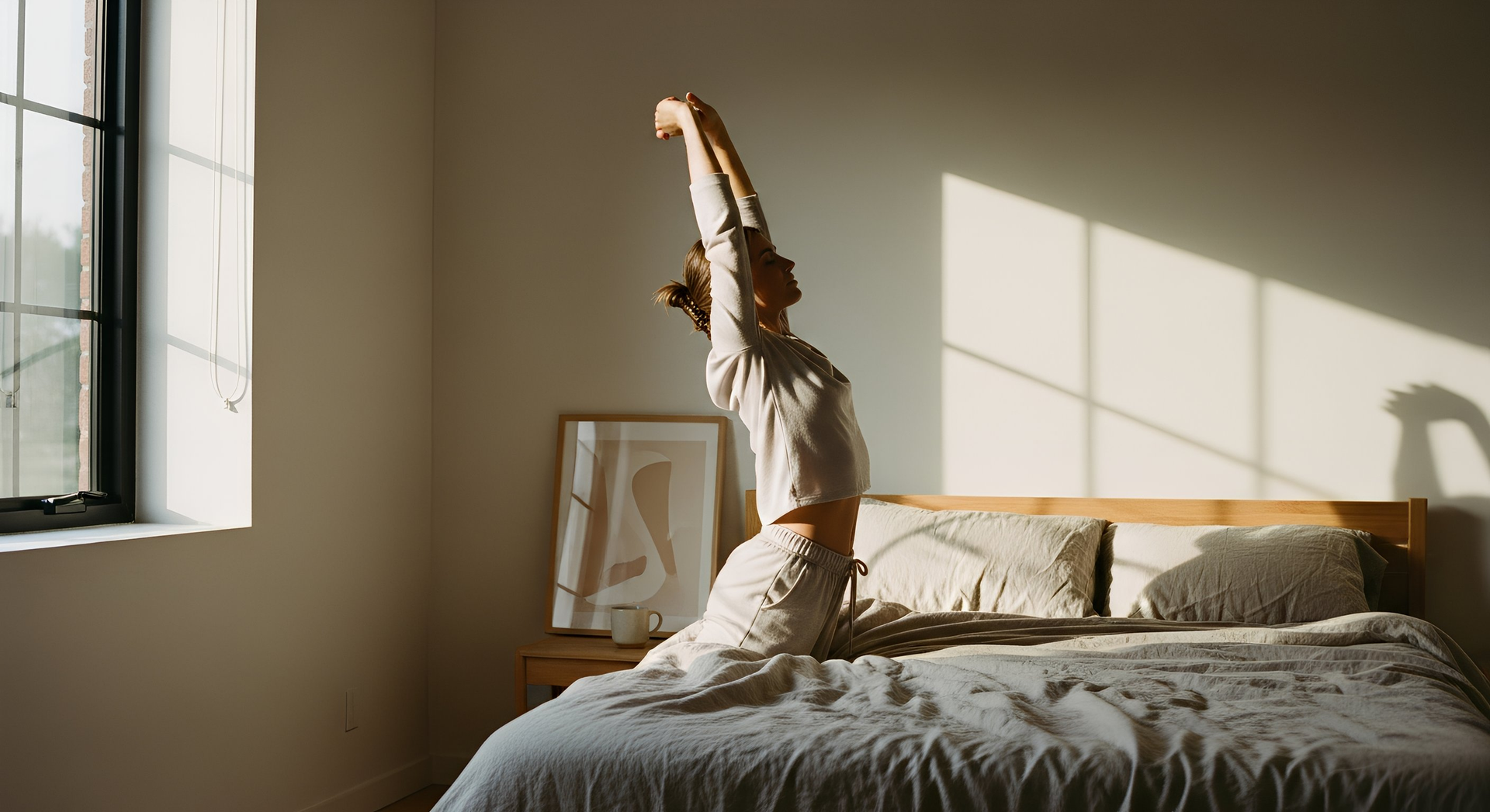 Woman stretching in pajamas on bed, arms raised, sunlit room.