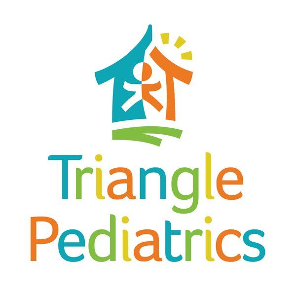 Logo for Triangle Pediatrics: a house icon with a stylized person inside, over green ground, with text below.