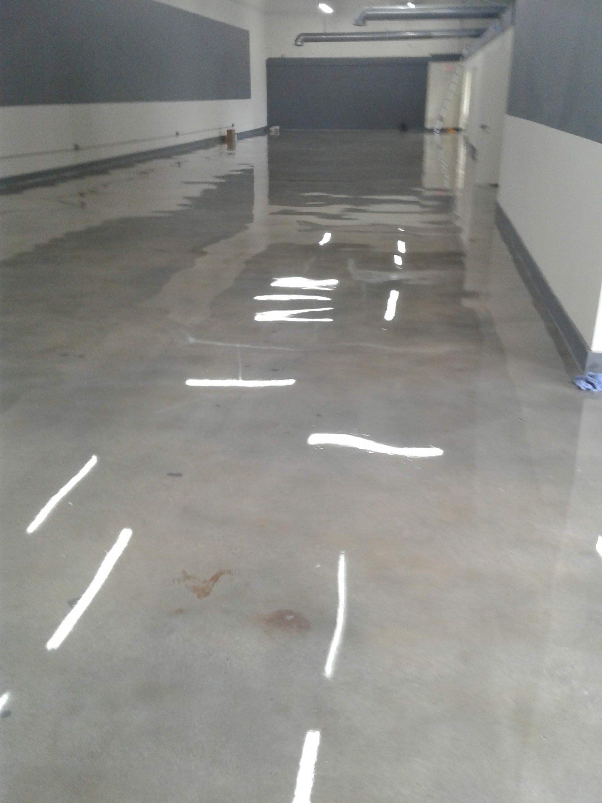 A very long hallway with a shiny concrete floor and white lines on it.