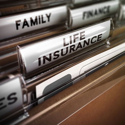 A filing cabinet with a row of folders labeled family and life insurance