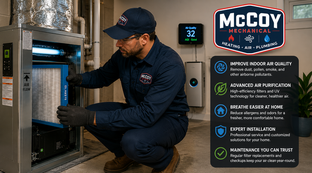 Technician kneels by a boiler in a utility room beside a McCoy Services heating ad.