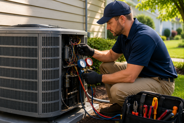 Technician repairing an outdoor air conditioner unit with tools and gauges nearby