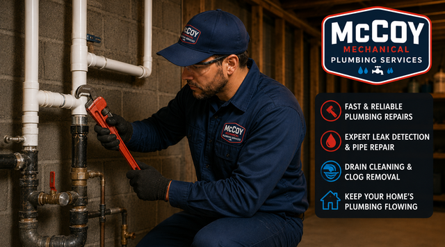 Technician in blue uniform inspecting HVAC unit with McCoy Heating & Cooling service logo and checklist graphic