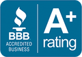 A blue sign that says bbb accredited business and a+ rating