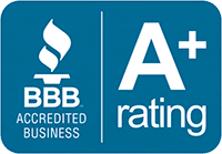 BBB Accredited Business logo with blue background, white flame, and A+ rating.