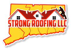 A logo for strong roofing llc with a man on the roof