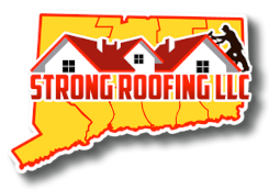 A logo for strong roofing llc shows a man on a roof