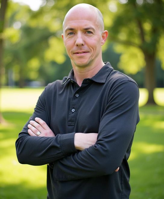 A person in a black long-sleeve polo shirt stands with arms crossed against a blurred, sunny green park background.