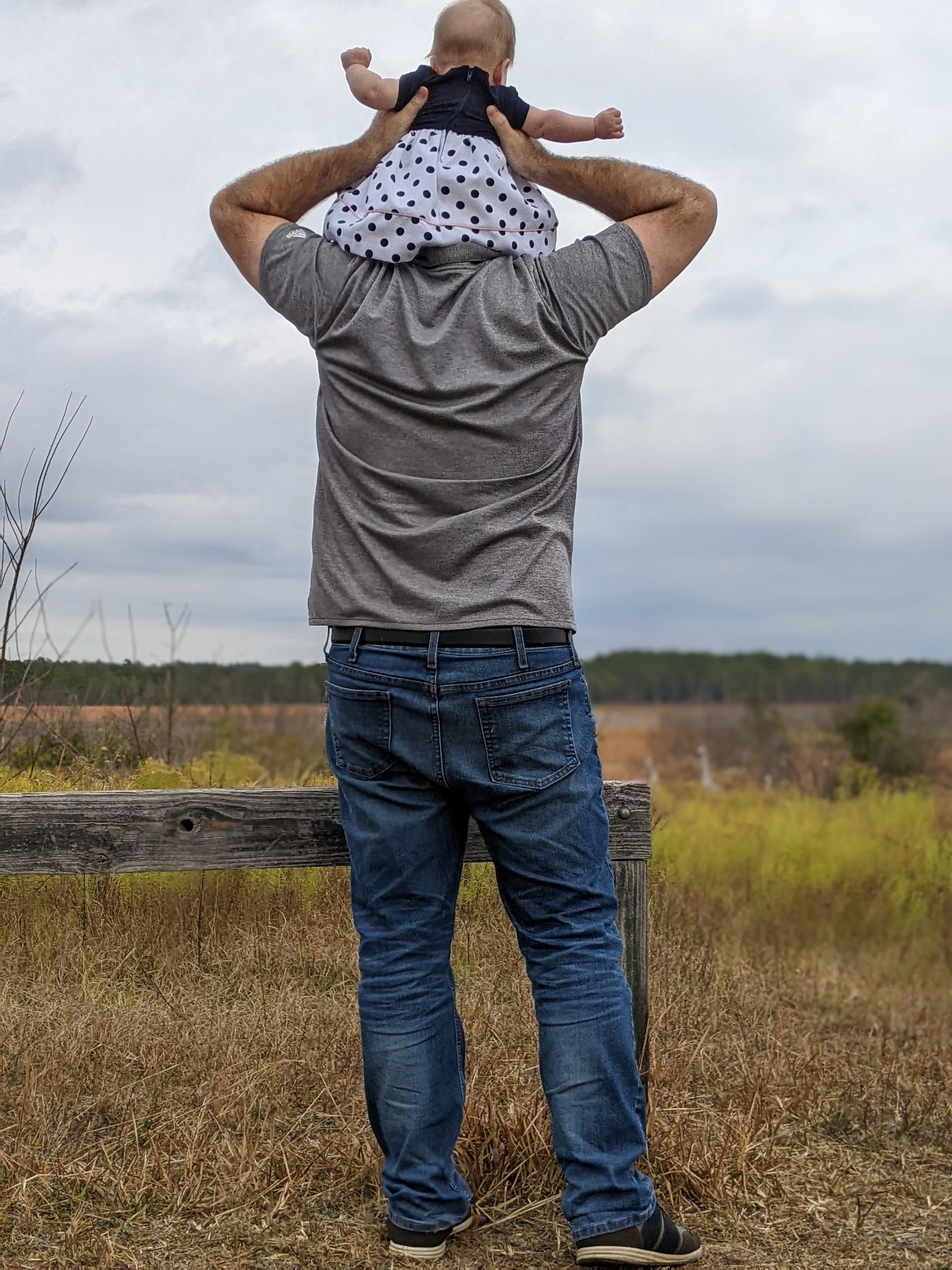 Man carrying baby on shoulders, outdoors, looking at the landscape.