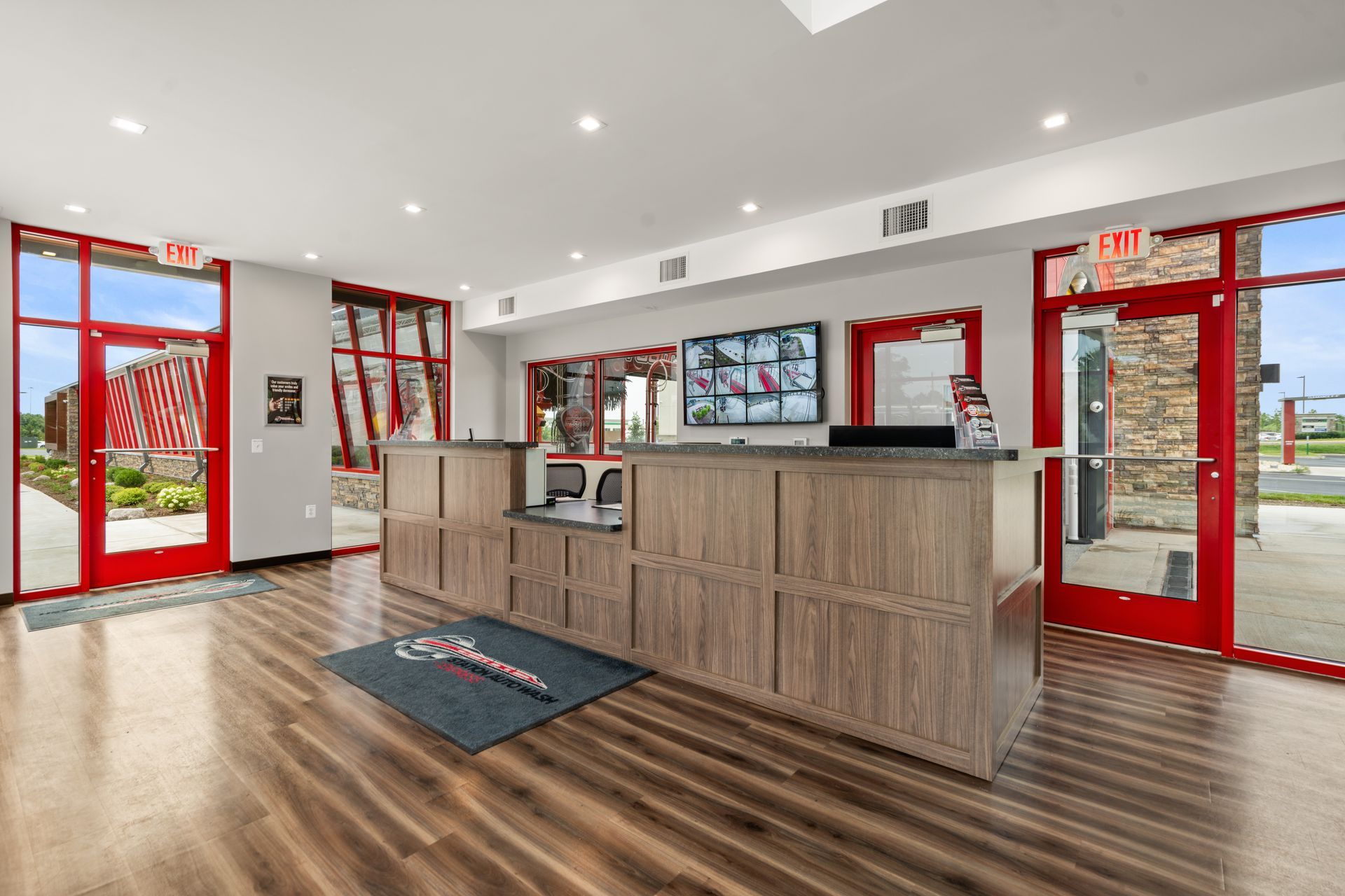 station auto wash lobby with windows