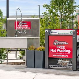 Free rubber mat washing station: stainless steel sink, faucet, and mat washing machine