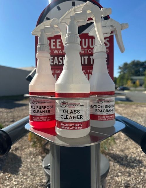 Carwash Amenities: Bottle Service – Grab our all-purpose and window cleaners to keep your ride spotless inside and out!