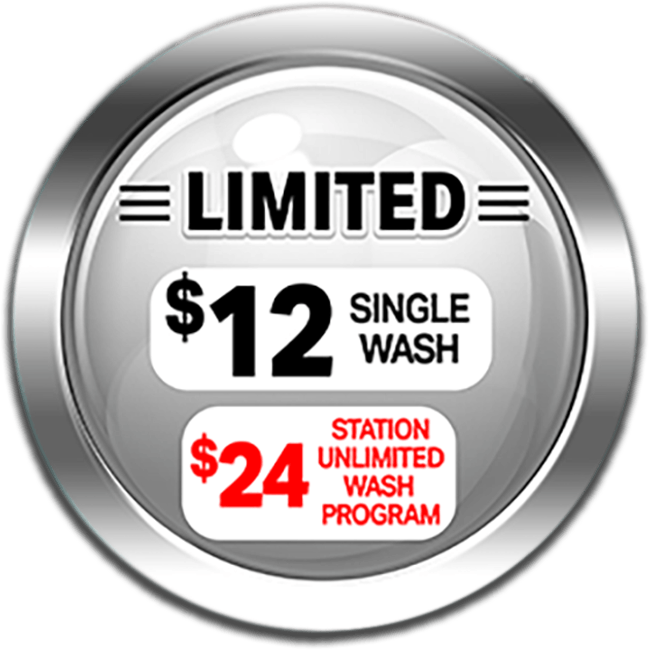 LIMITED wash icon - $12 single wash, $24 unlimited membership