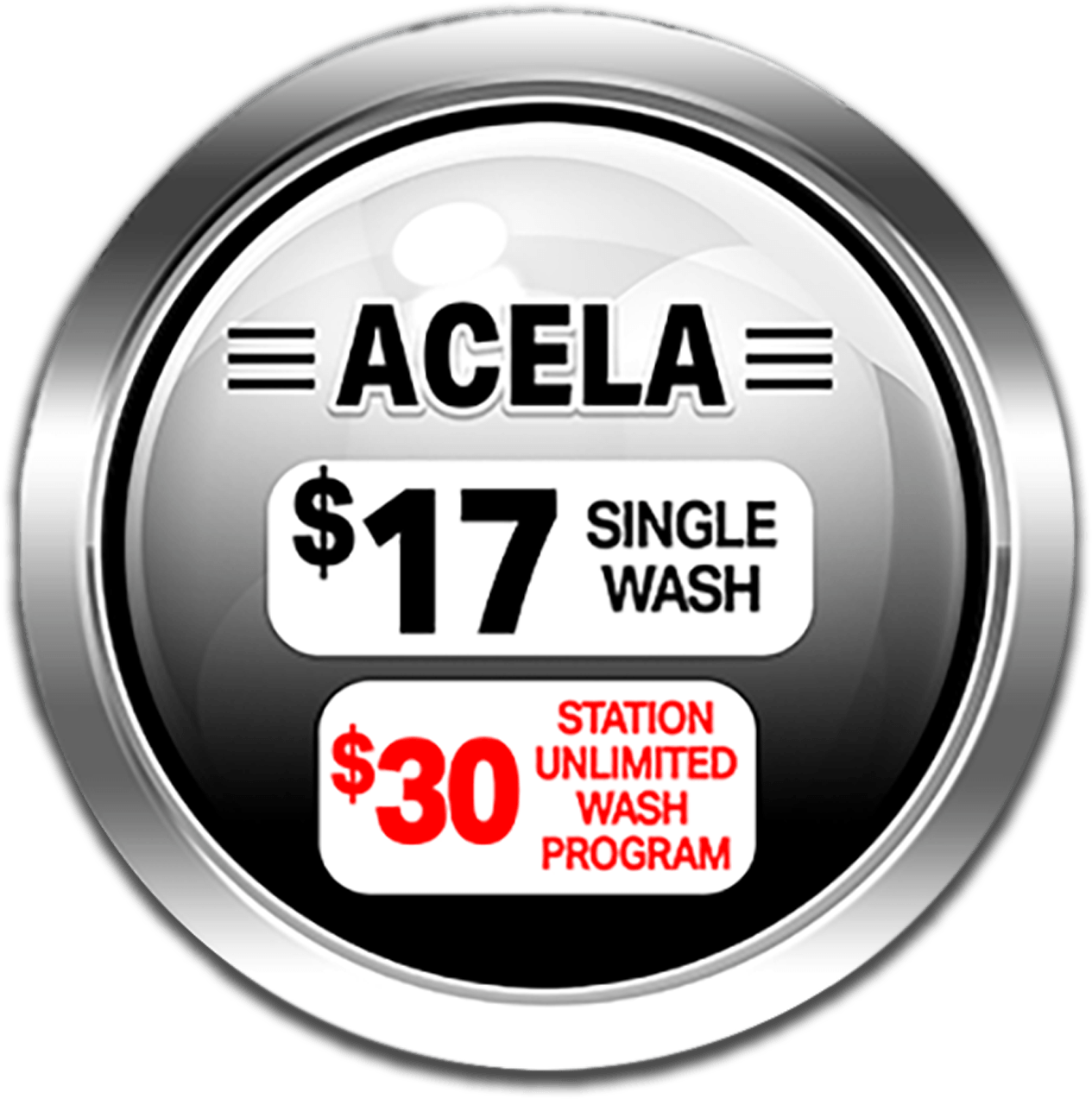ACELA wash icon - $17 single wash, $30 unlimited membership