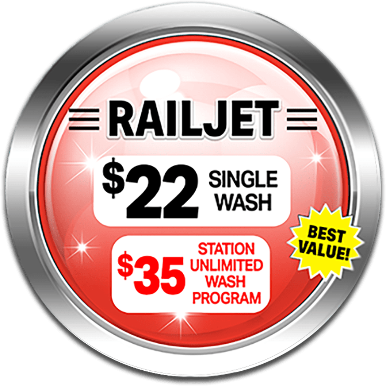 RAILJET wash icon - $22 single wash, $35 unlimited membership