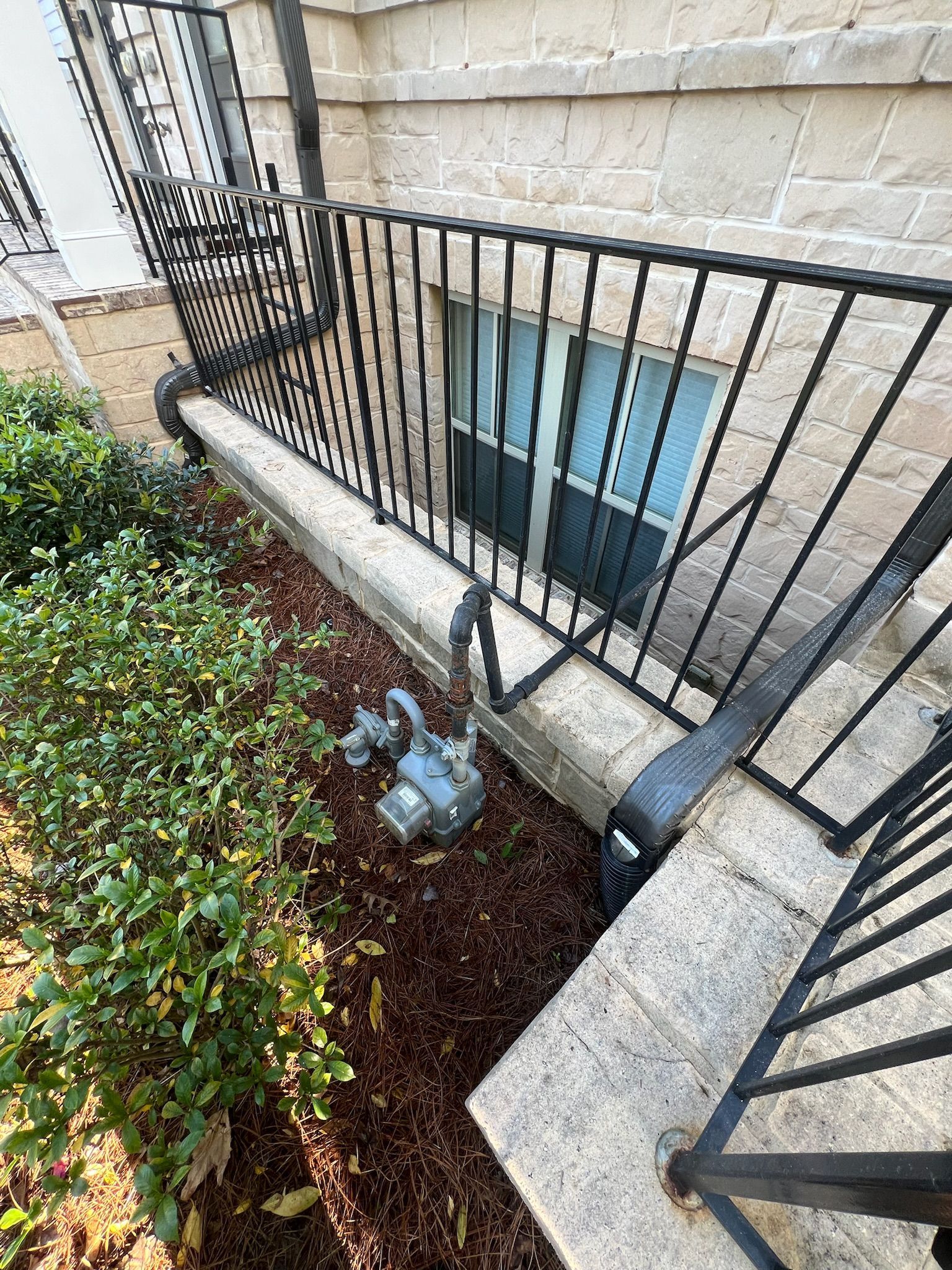 A statue of a duck is sitting on the side of a building next to a railing.