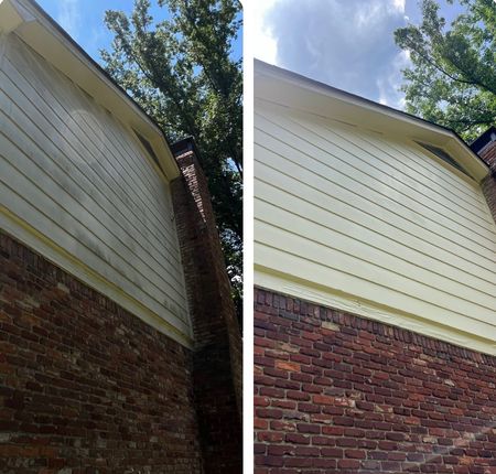 A before and after picture of a brick house with white siding