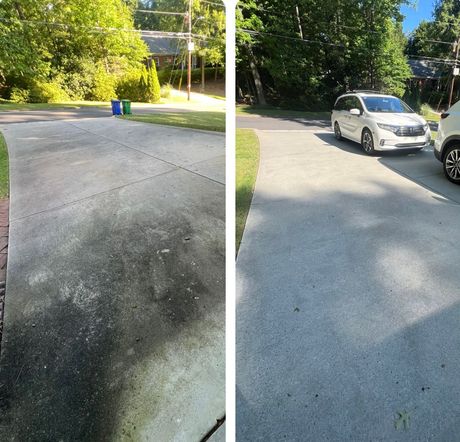 A before and after photo of a concrete driveway