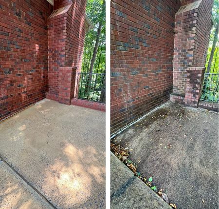 A before and after picture of a brick porch.