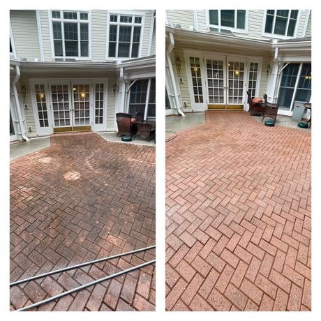 A before and after picture of a brick patio being cleaned.