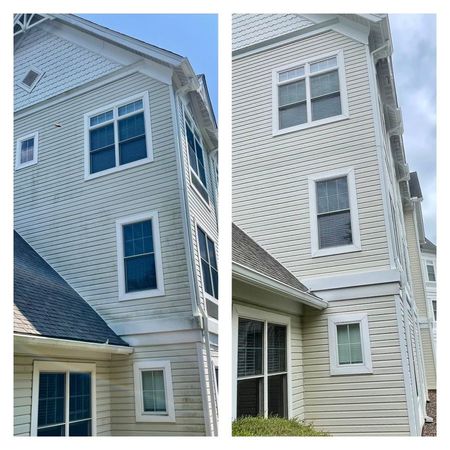 A before and after picture of a house with siding and windows.