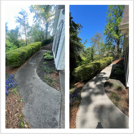 A before and after photo of a sidewalk in front of a house