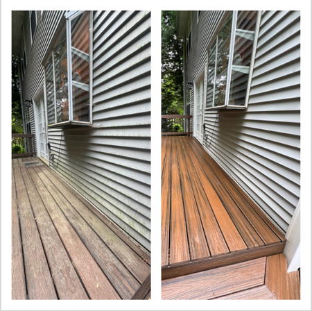 A before and after photo of a wooden deck on a house.