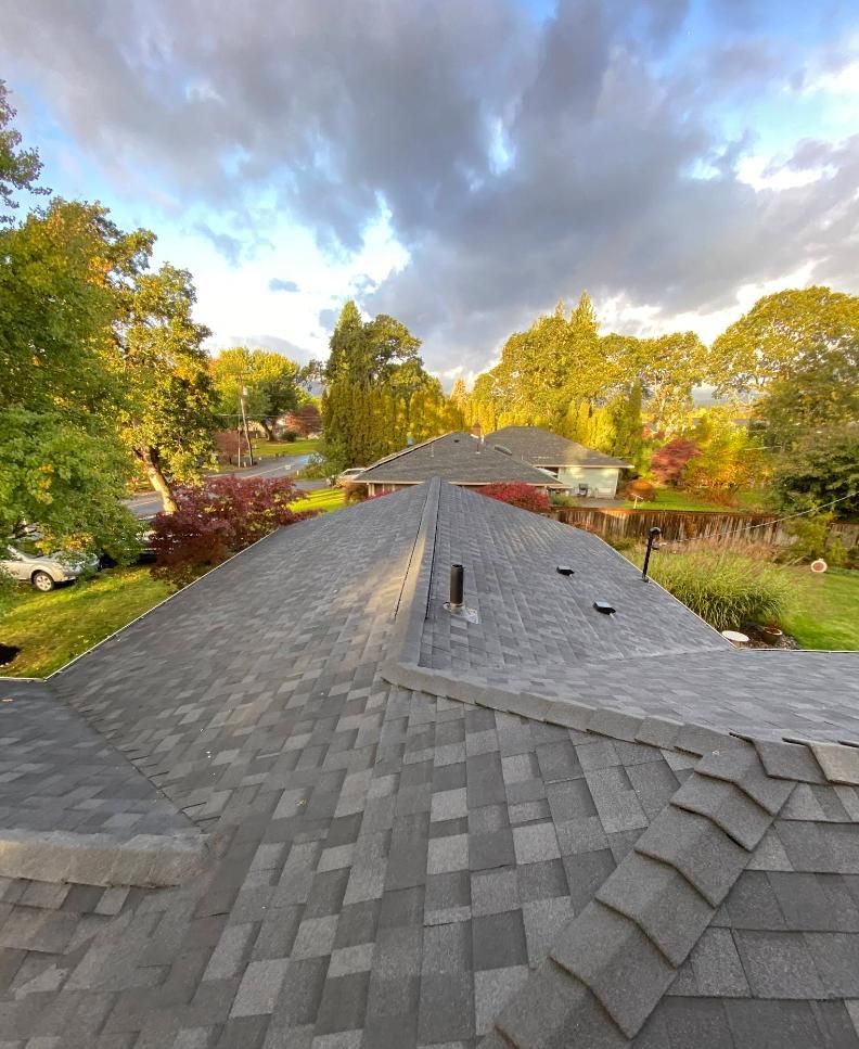 Gray shingled roof with a background of trees, houses, and a cloudy sky.
