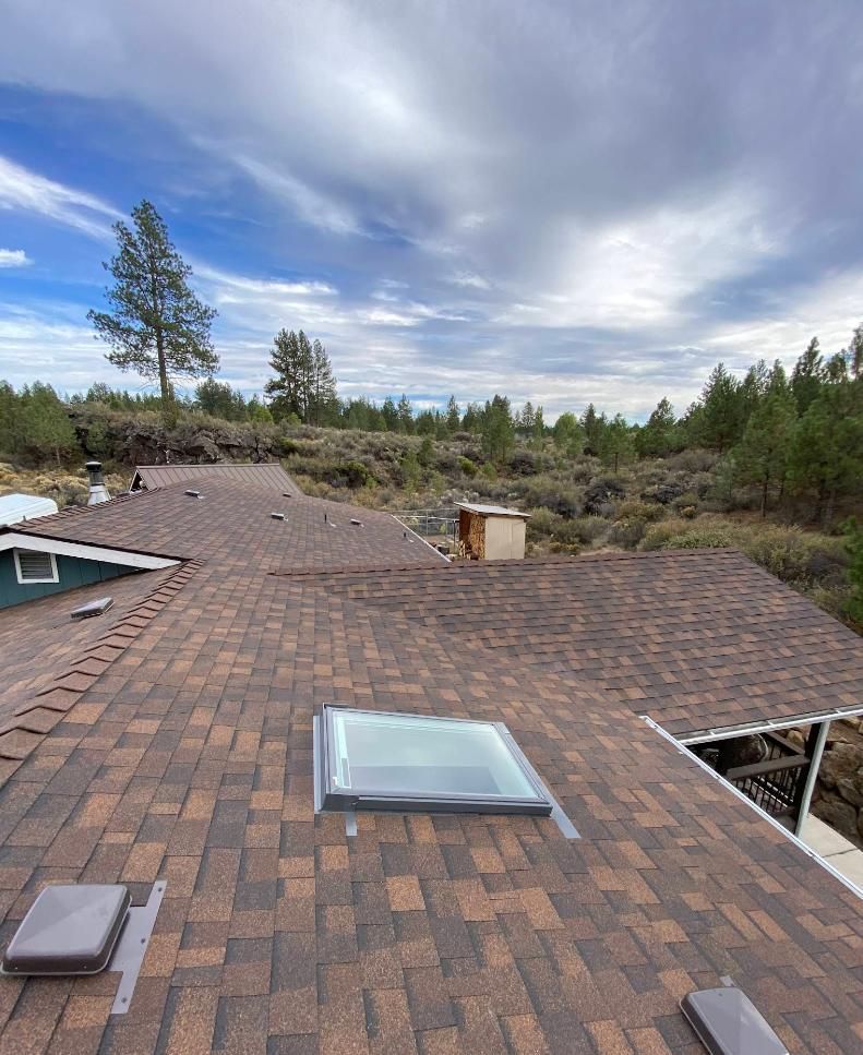 Brown shingle roof with skylight, chimney, and natural landscape under a cloudy sky.